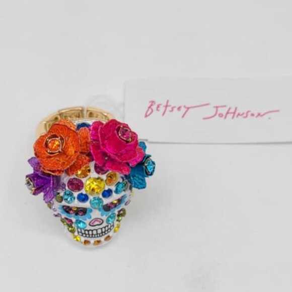 Betsey Johnson Floral Sugar Skull Stretch Ring NWT!  NEW!  Day of the Dead - Picture 1 of 8